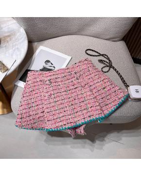 粉色粗花呢套装新款高级感小香风羽毛拼接外套半裙两件套