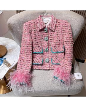 粉色粗花呢套装新款高级感小香风羽毛拼接外套半裙两件套