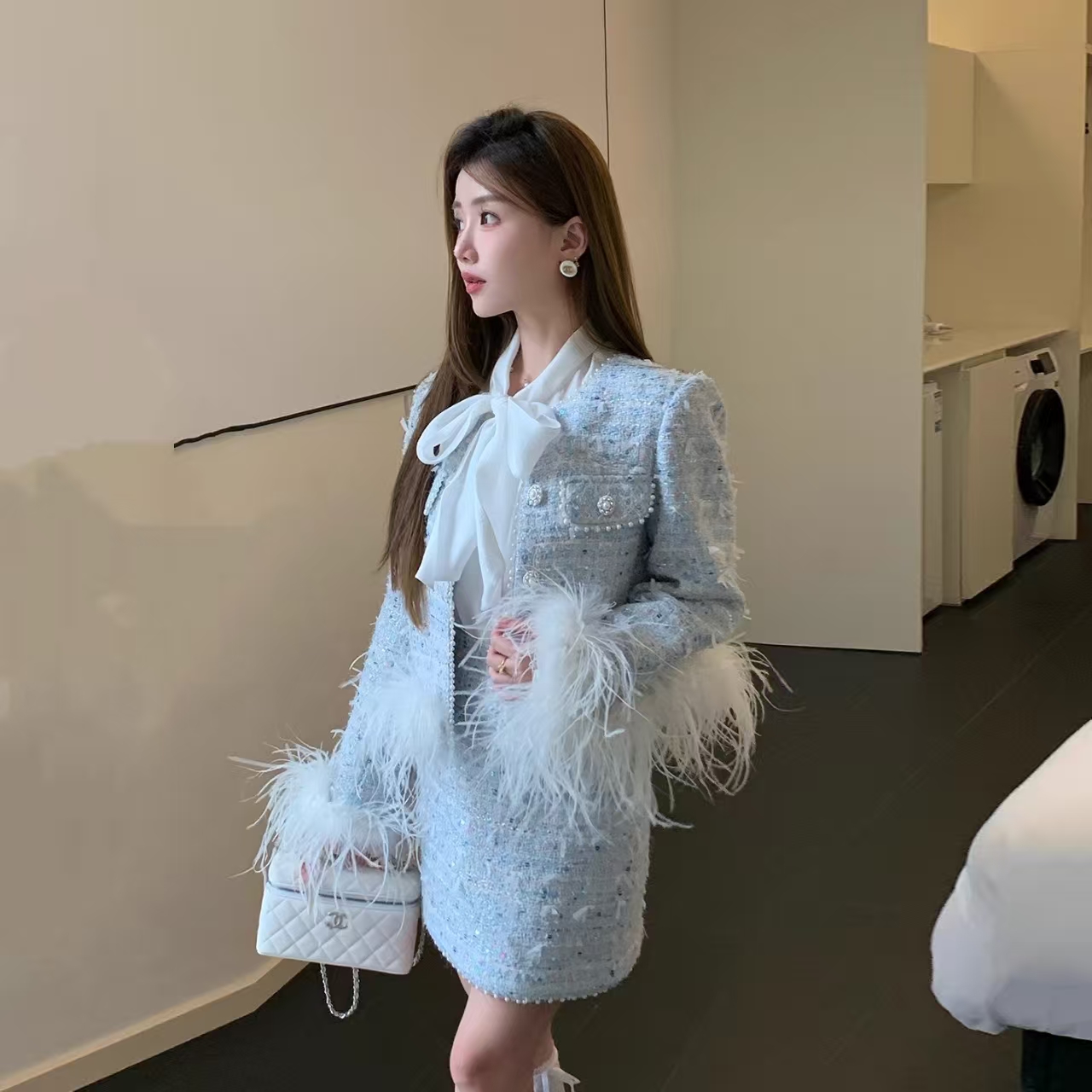 新款春秋法式名媛风鸵鸟毛小香外套高腰短裙套装