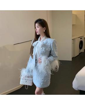 新款春秋法式名媛风鸵鸟毛小香外套高腰短裙套装