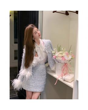 新款春秋法式名媛风鸵鸟毛小香外套高腰短裙套装