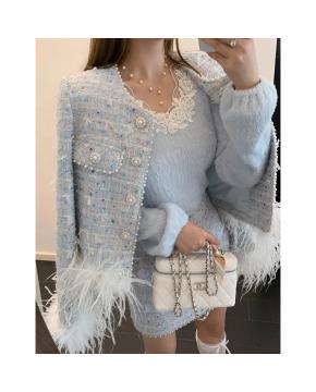 新款春秋法式名媛风鸵鸟毛小香外套高腰短裙套装