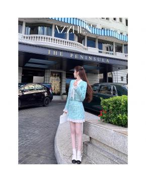 重工钉珠小香风套装女新款外套半裙蓝色两件套