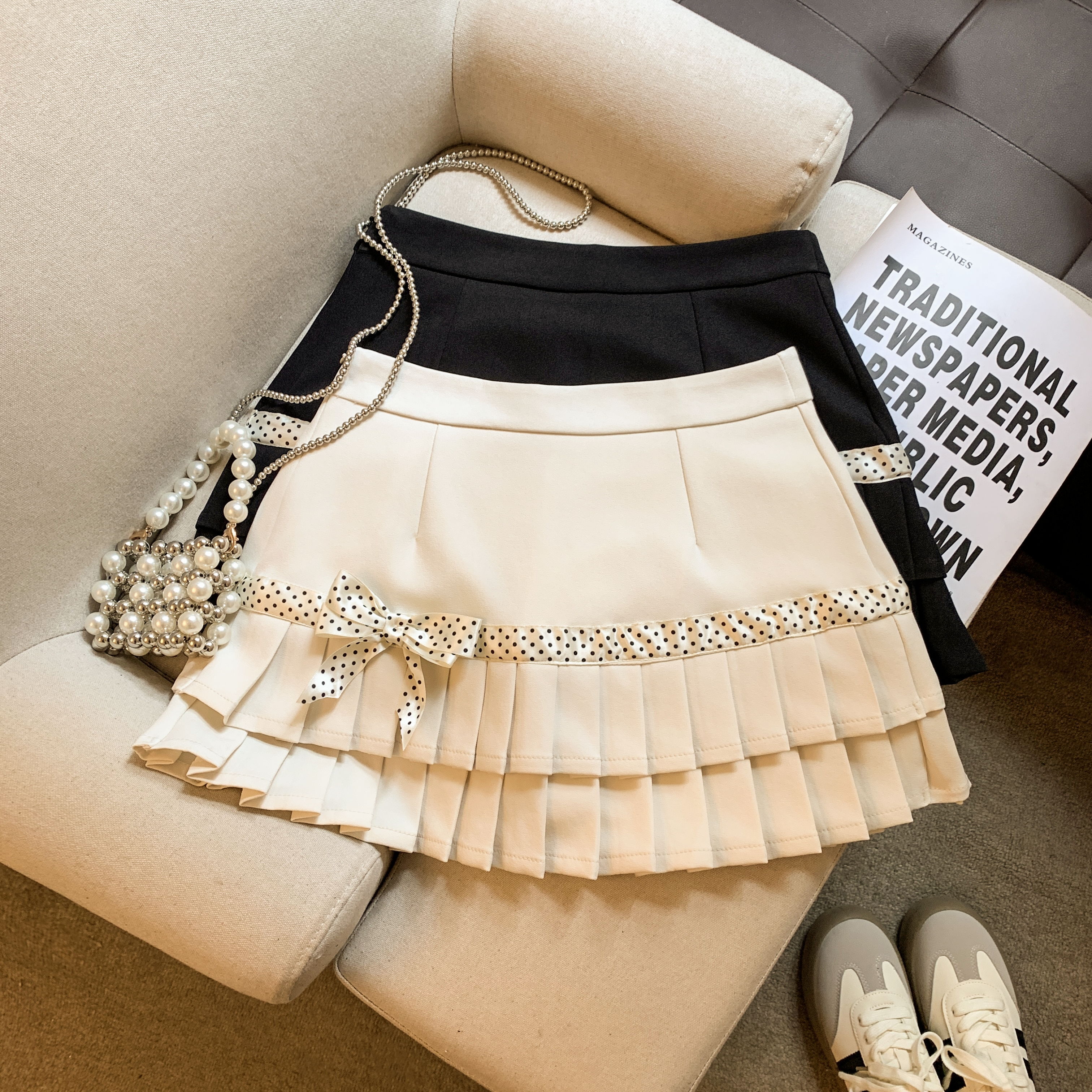 韩系学院风波点百褶半身裙春新款高级感小个子蝴蝶结短裙裤