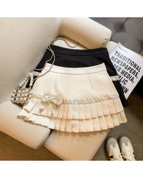 韩系学院风波点百褶半身裙春新款高级感小个子蝴蝶结短裙裤