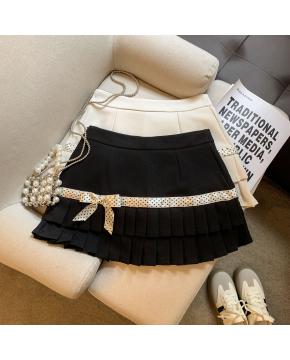 韩系学院风波点百褶半身裙春新款高级感小个子蝴蝶结短裙裤