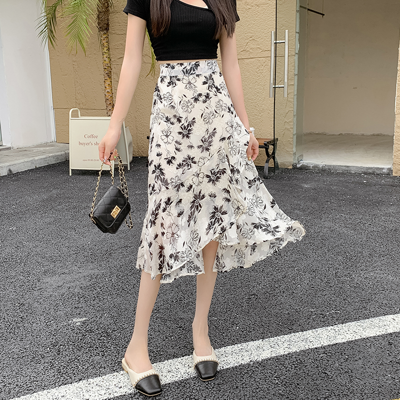 碎花雪纺半身裙女2026夏季不规则中长裙荷叶边裙植物花卉A字裙子