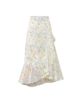 碎花雪纺半身裙女2026夏季不规则中长裙荷叶边裙植物花卉A字裙子