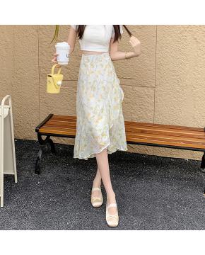 碎花雪纺半身裙女2026夏季不规则中长裙荷叶边裙植物花卉A字裙子