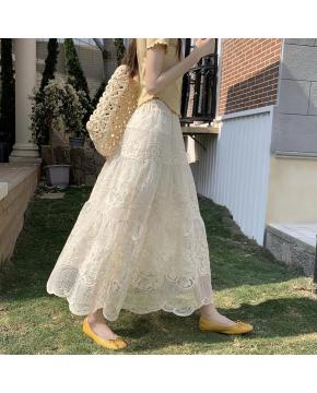 杏色蕾丝刺绣半身裙女春季新款高腰遮胯显瘦中长款a字裙蓬蓬裙