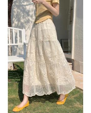 杏色蕾丝刺绣半身裙女春季新款高腰遮胯显瘦中长款a字裙蓬蓬裙