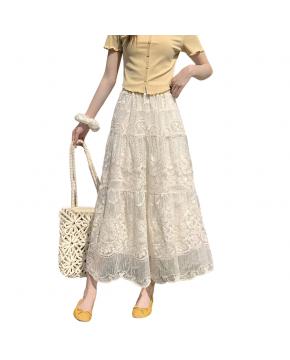 杏色蕾丝刺绣半身裙女春季新款高腰遮胯显瘦中长款a字裙蓬蓬裙