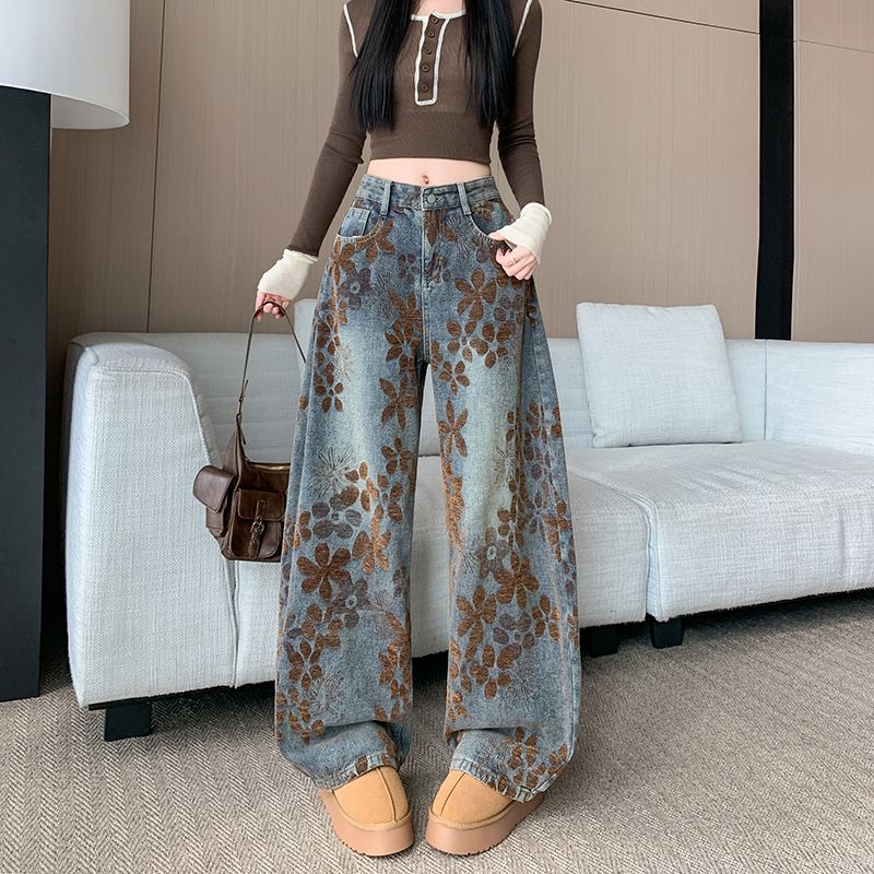 美式做旧印花弯刀牛仔裤新款高腰宽松阔腿镰刀裤