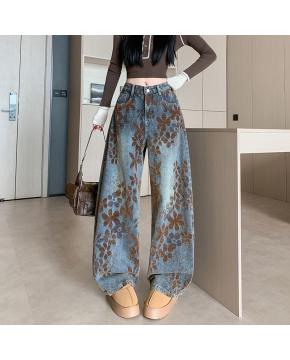 美式做旧印花弯刀牛仔裤新款高腰宽松阔腿镰刀裤