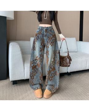 美式做旧印花弯刀牛仔裤新款高腰宽松阔腿镰刀裤