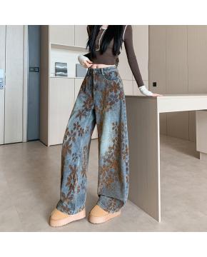 美式做旧印花弯刀牛仔裤新款高腰宽松阔腿镰刀裤