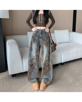 美式做旧印花弯刀牛仔裤新款高腰宽松阔腿镰刀裤