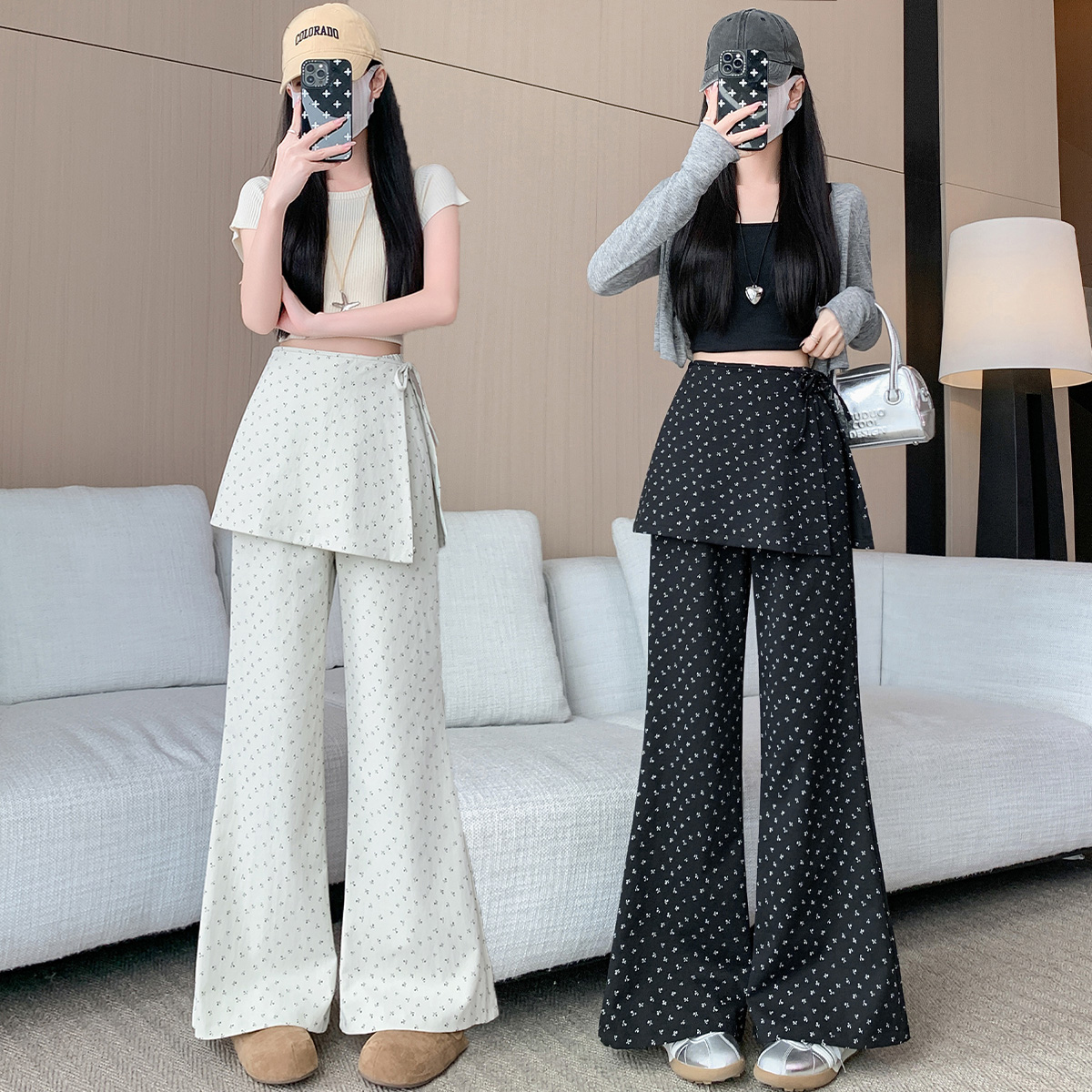 韩系新款碎花屁帘女春秋假两件裙裤直筒裤阔腿裤两穿休闲长裤