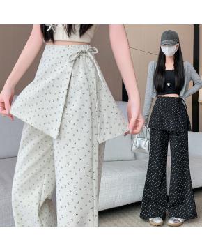 韩系新款碎花屁帘女春秋假两件裙裤直筒裤阔腿裤两穿休闲长裤